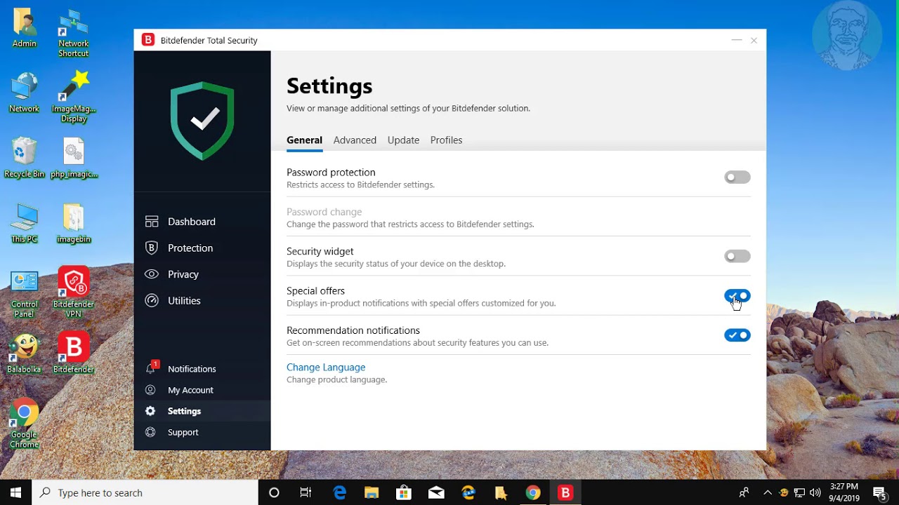 Desactivar notificaciones en Bitdefender TOTAL SECURITY 2020