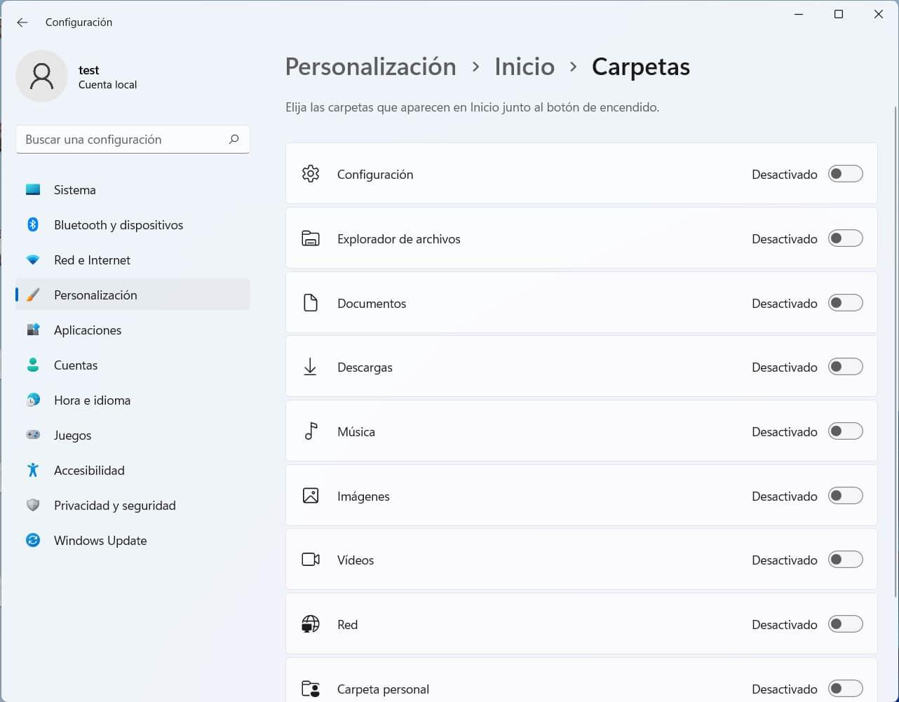 Elegir carpetas para el menú Inicio