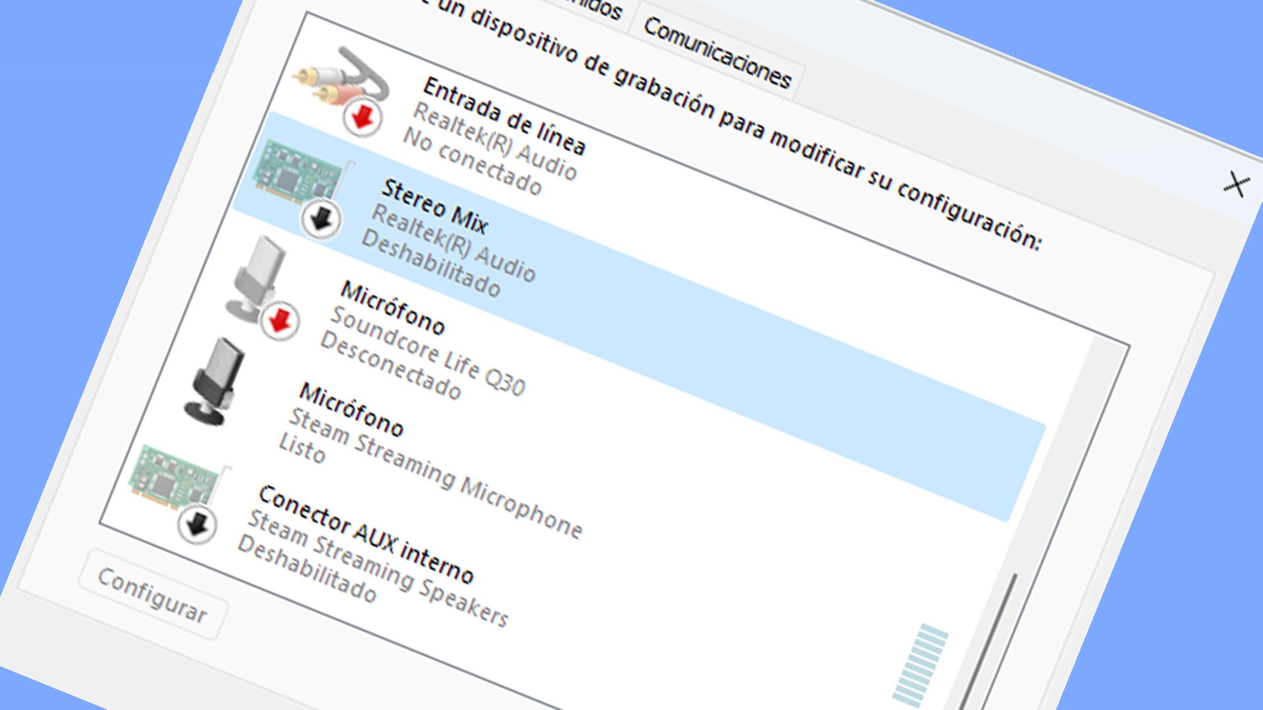 Configuración de micrófono estéreo en Windows