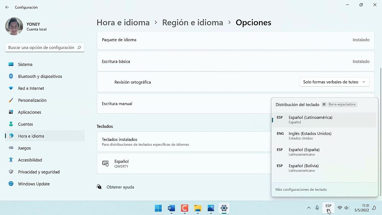 Indicador de idioma del teclado en la barra de tareas