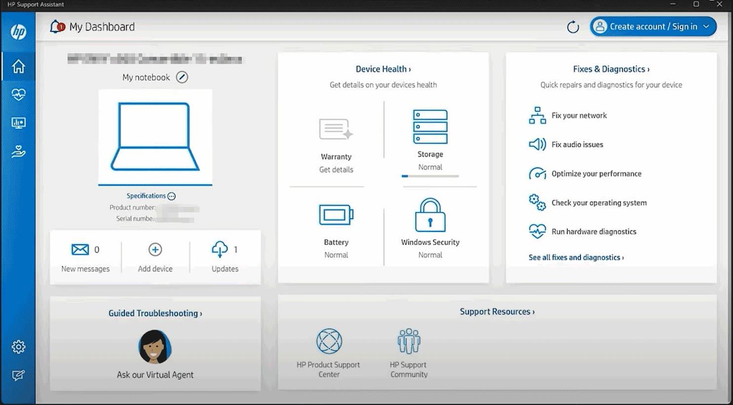 Interfaz de HP Support Assistant
