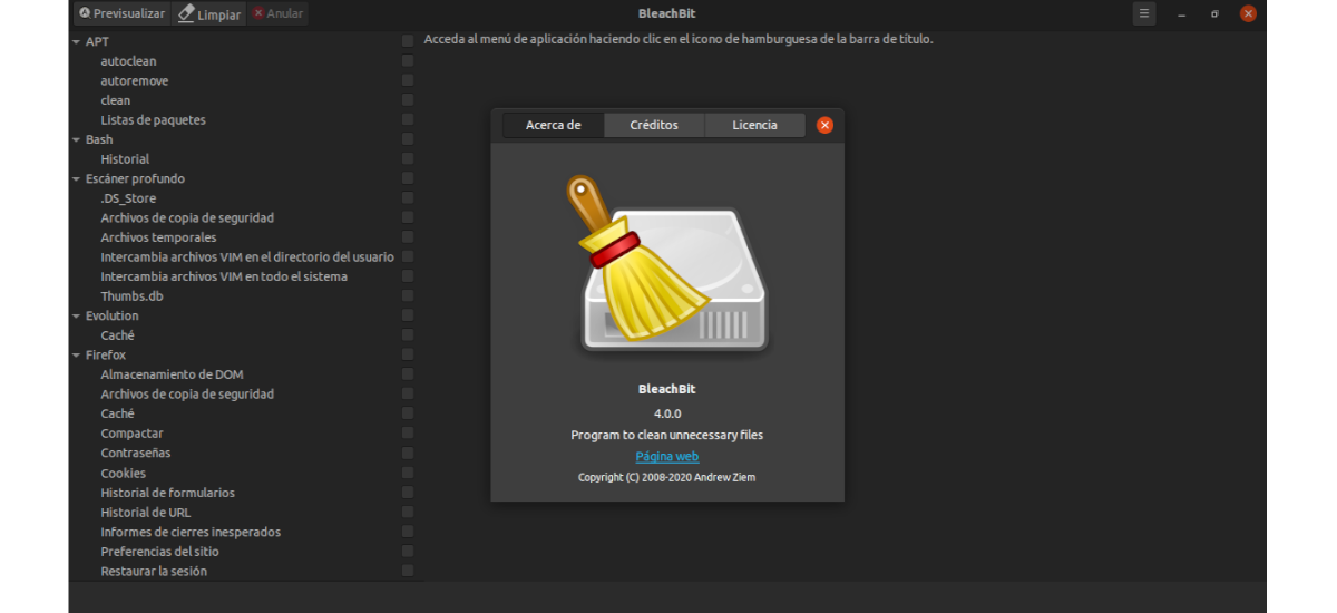 Interfaz de BleachBit en Windows