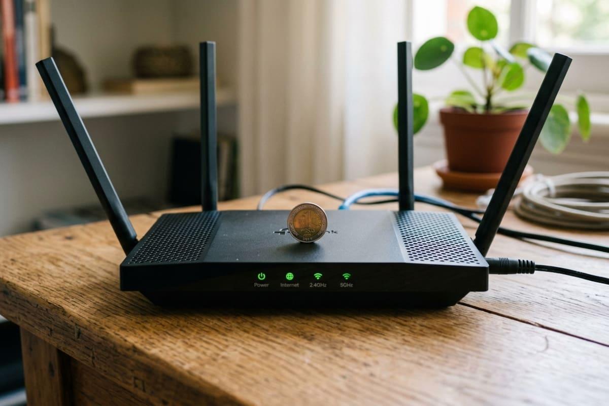 Moneda colocada sobre router de WiFi