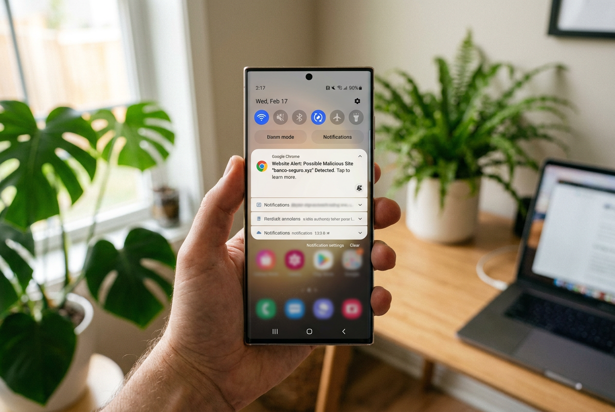 Smartphone Android mostrando una notificación de alerta de Google Chrome en la pantalla de bloqueo.