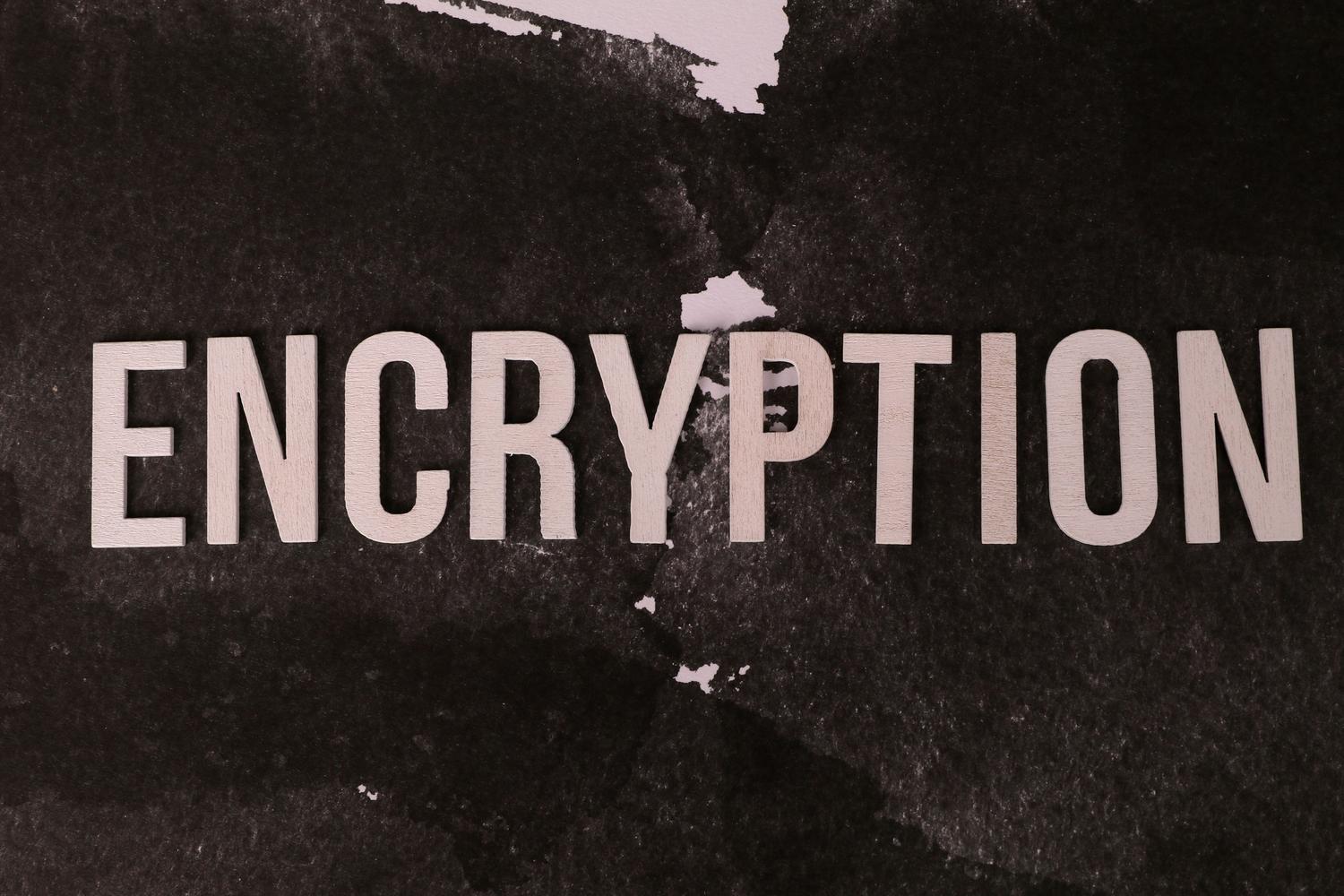 La palabra ENCRYPTION en bloques blancos sobre un fondo oscuro texturizado, simbolizando la protección y confidencialidad de los datos.