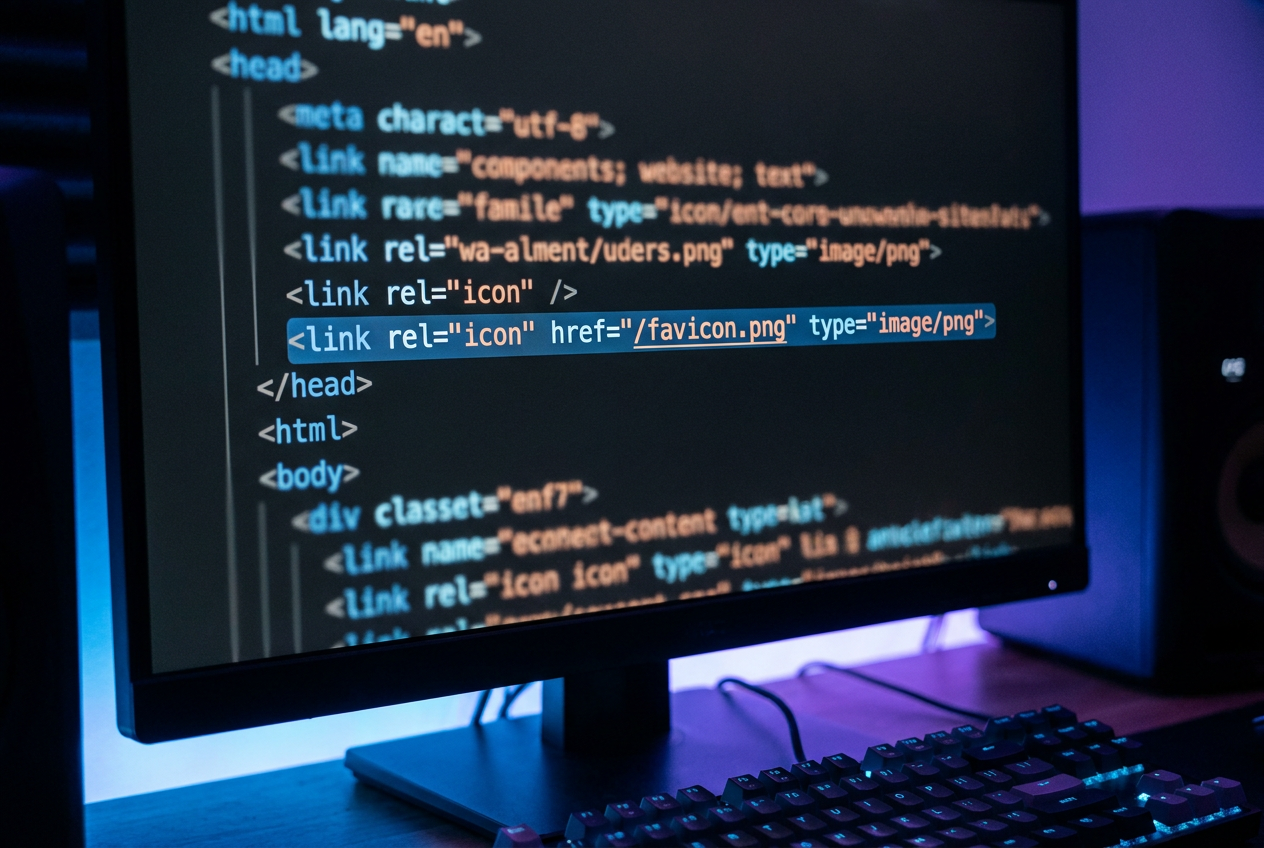 Líneas de código HTML en un editor de texto resaltando la implementación de la etiqueta de enlace para el favicon.
