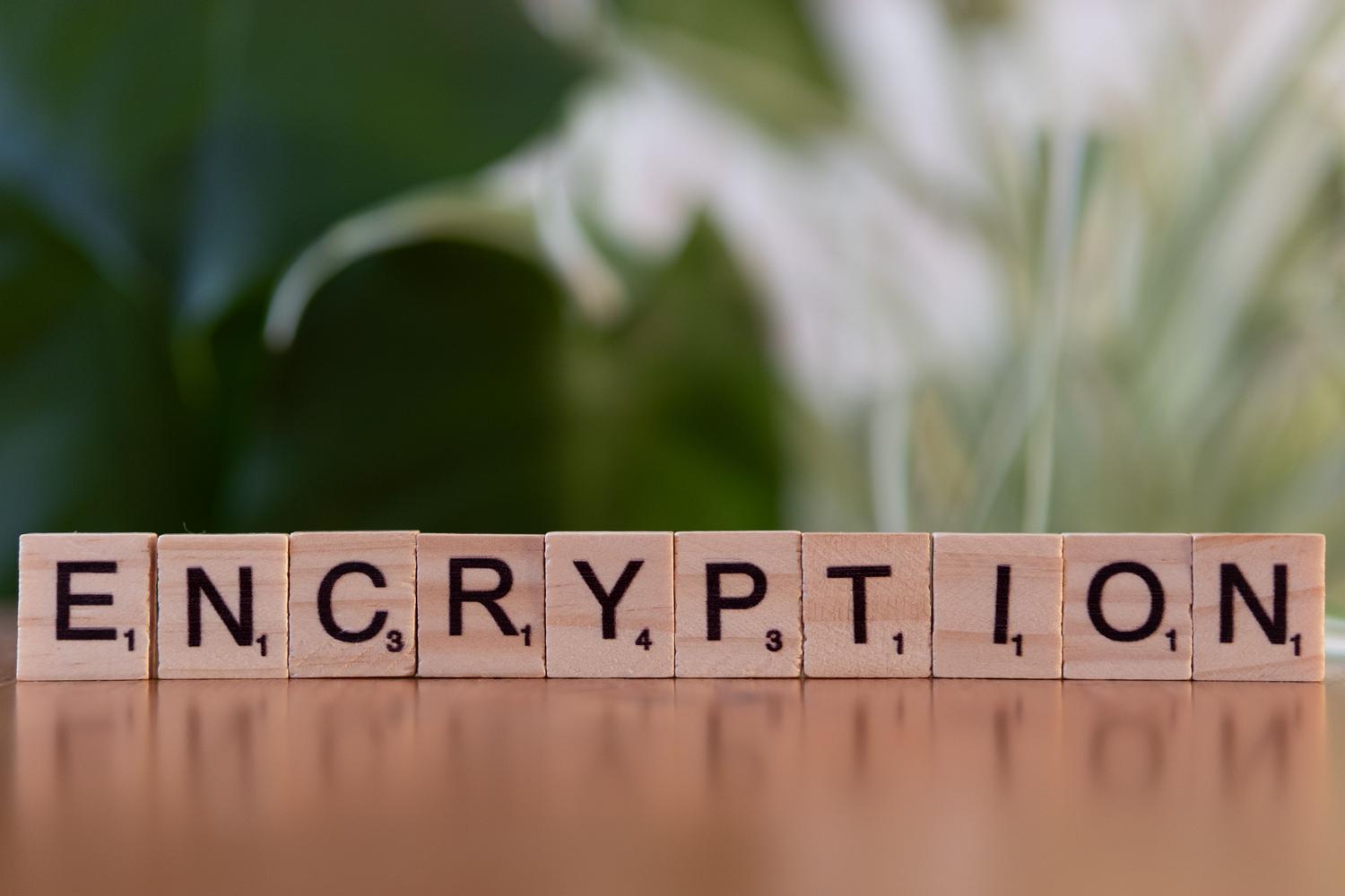 Bloques de madera formando la palabra encryption, representando la seguridad y el cifrado de datos en una VPN