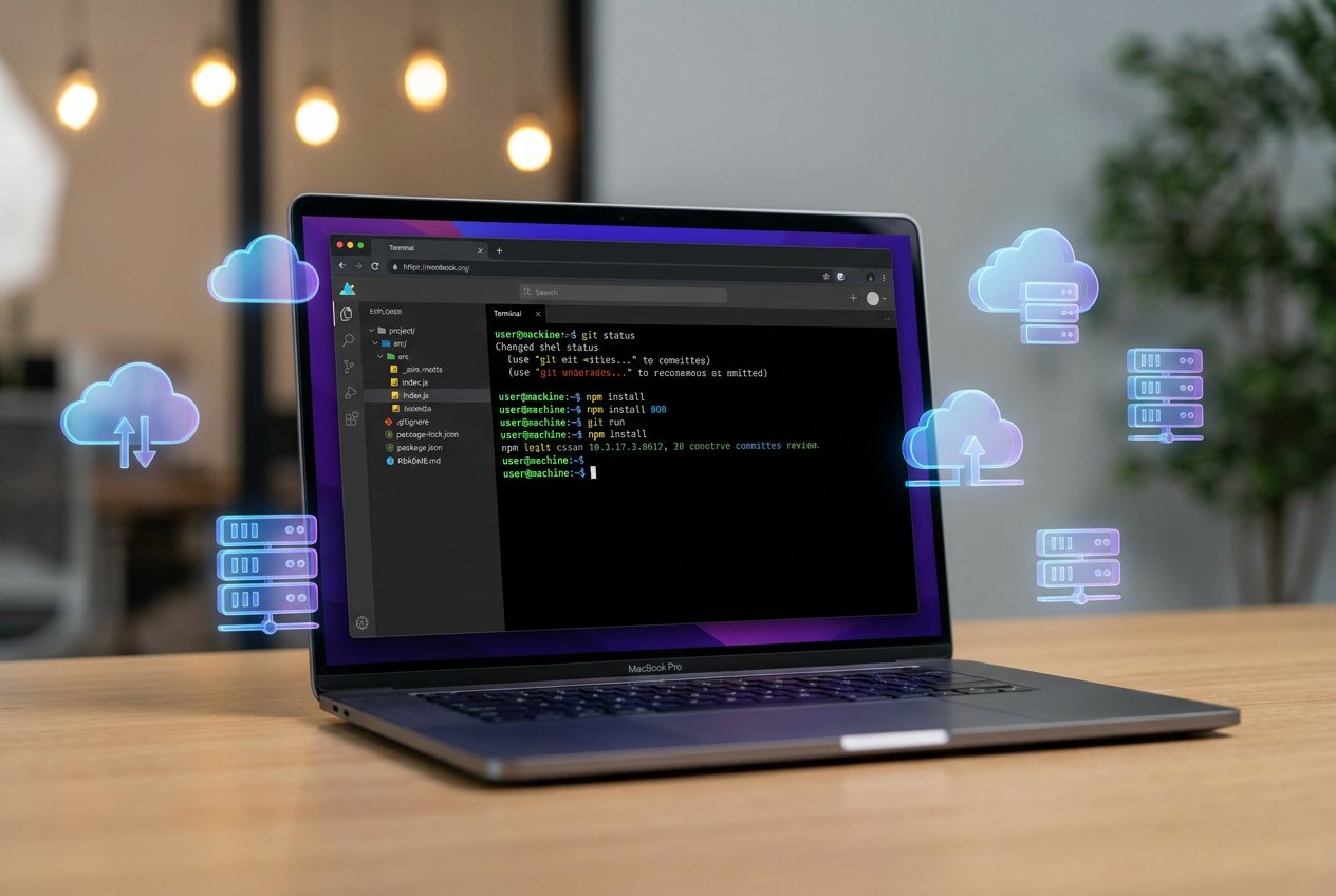 Representación conceptual de un entorno de Cloud Shell en un navegador web con iconos 3D de nubes y servidores.