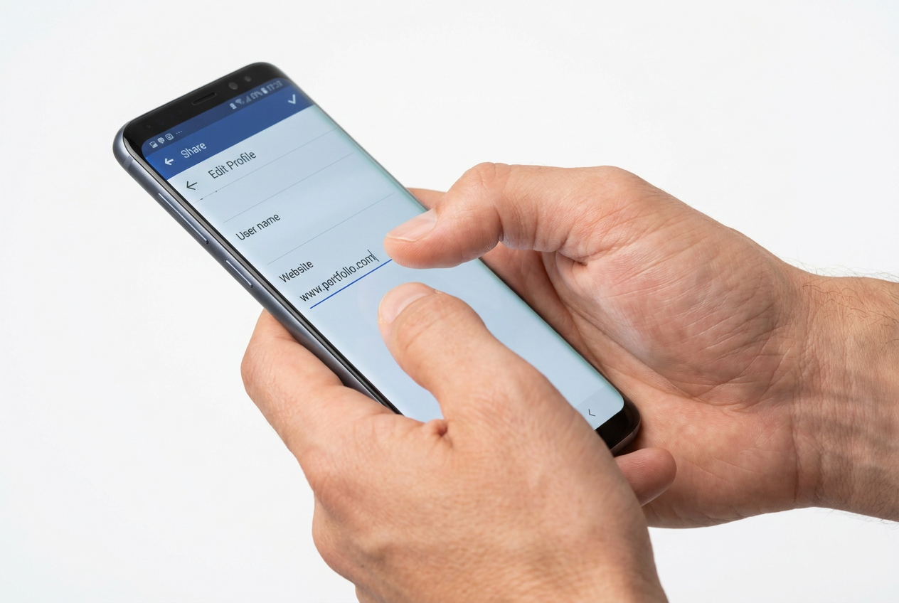 Primer plano de manos sosteniendo un smartphone moderno mostrando la interfaz de edición de perfil y el campo de sitio web.