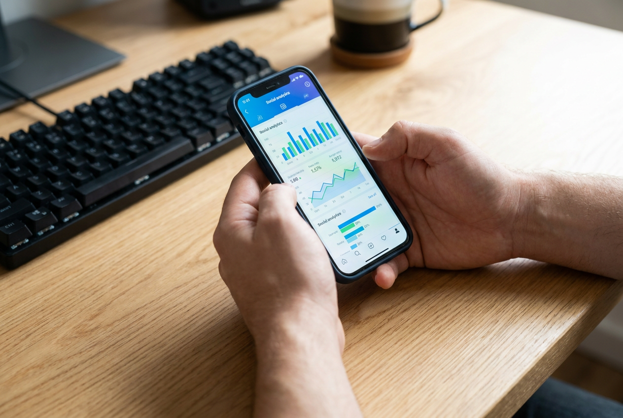 Smartphone sobre un escritorio de oficina profesional mostrando un tablero de analíticas de redes sociales con gráficos de crecimiento.