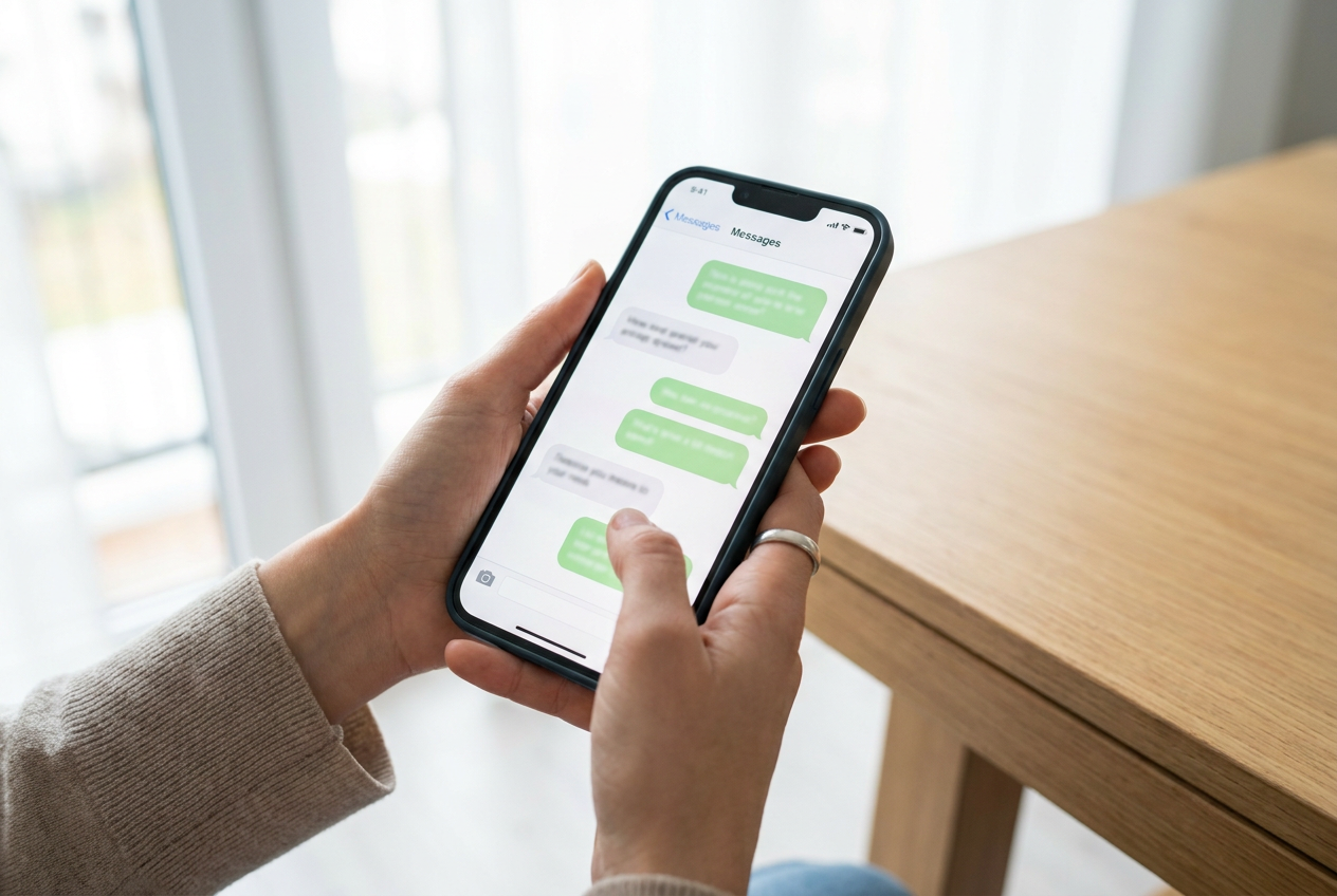 Primer plano de manos sosteniendo un smartphone moderno con una interfaz de chat genérica y burbujas verdes, ideal para ilustrar trucos de WhatsApp.