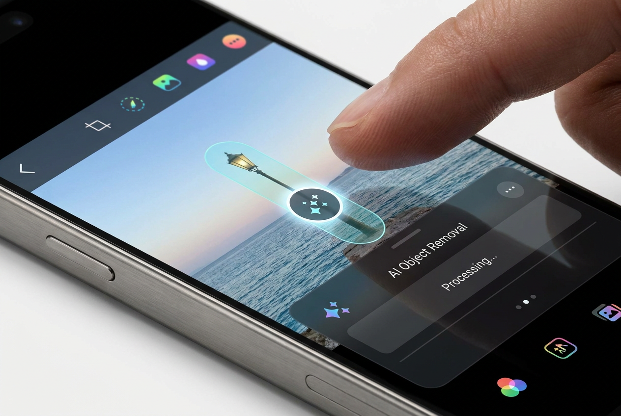 Pantalla de smartphone mostrando el uso de herramientas de inteligencia artificial para editar una fotografía, eliminando objetos del fondo.