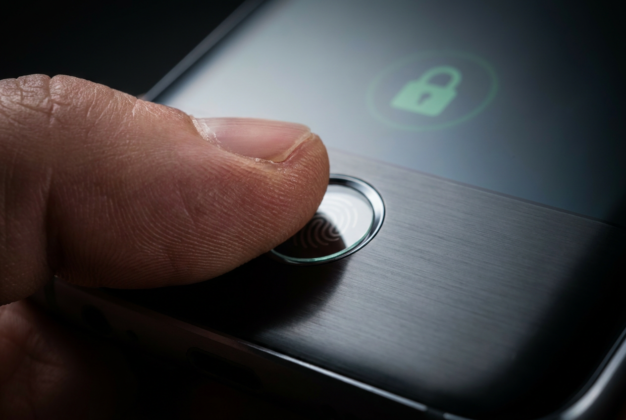 Detalle fotorrealista de un dedo activando el sensor de huellas dactilares de un smartphone, representando la seguridad y el bloqueo biométrico.