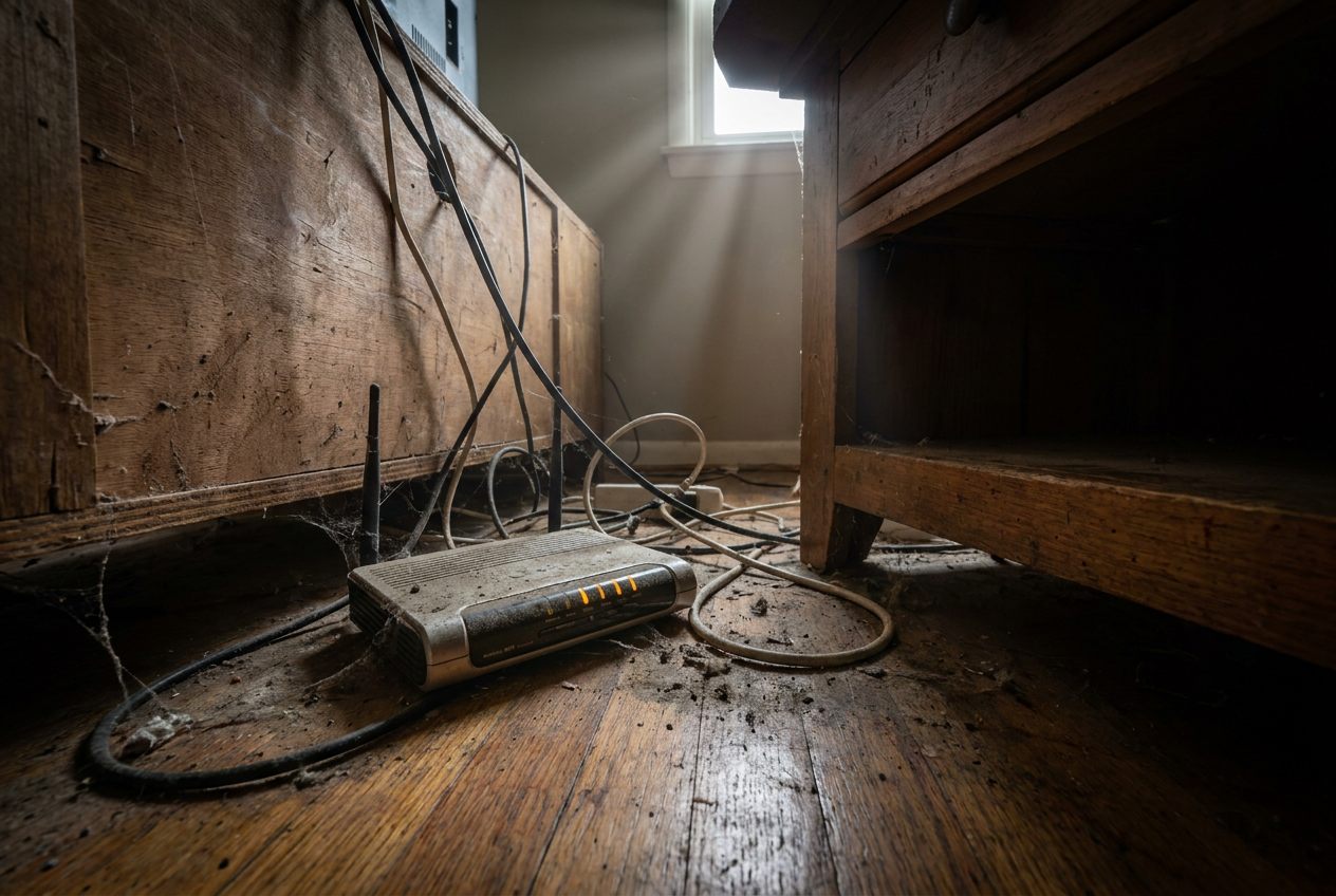 Router colocado en el suelo en un rincón oscuro y polvoriento, representando una ubicación incorrecta que degrada la señal WiFi.