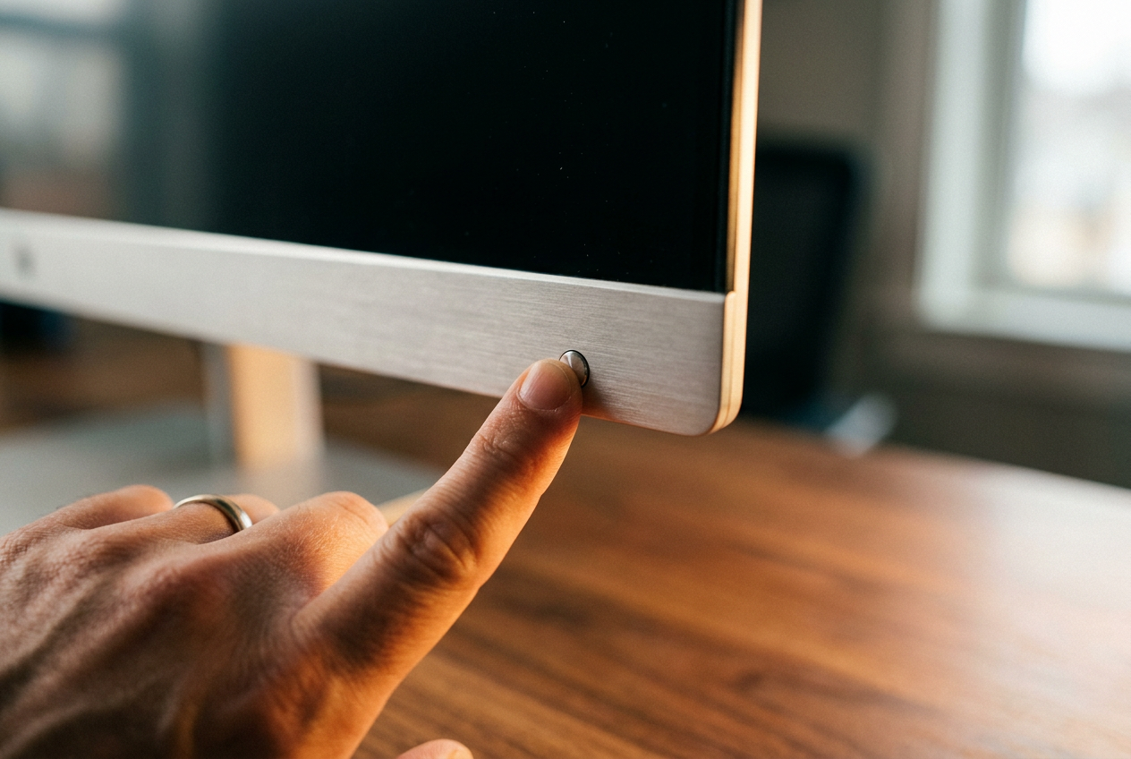 Detalle de un dedo presionando el botón físico de un monitor para ajustar el brillo mediante el menú OSD.