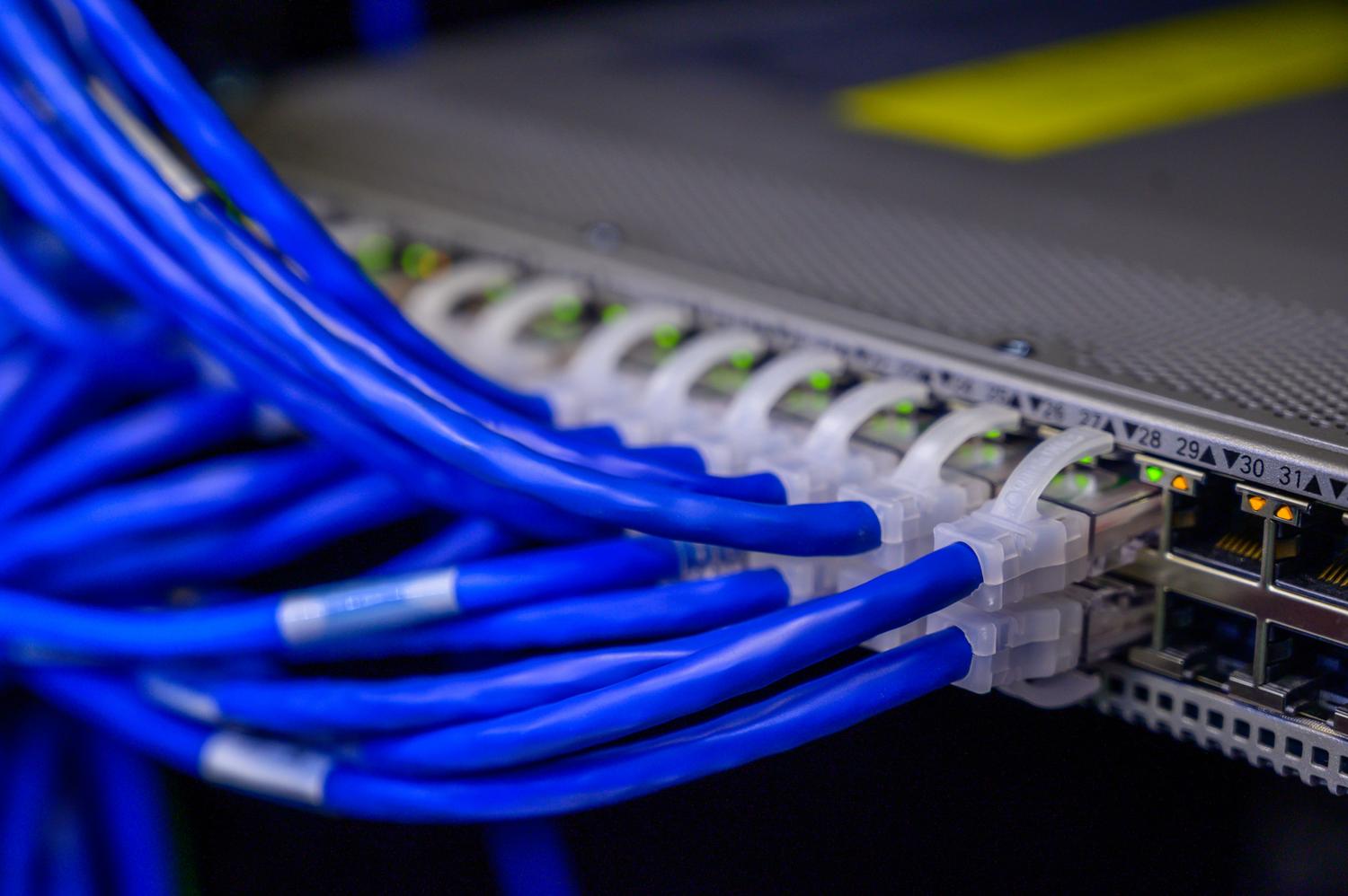 Cables de red conectados a un switch en un centro de datos, representando la infraestructura de los servidores de la VPN.